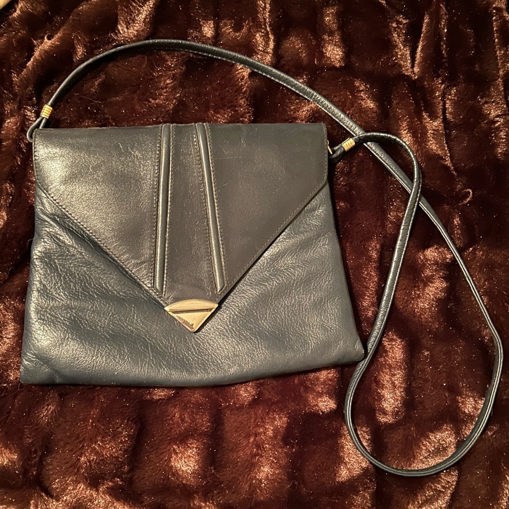 Vintage Blue Leather Crossbody Bag with Geometric Flap by Mimo Sacs